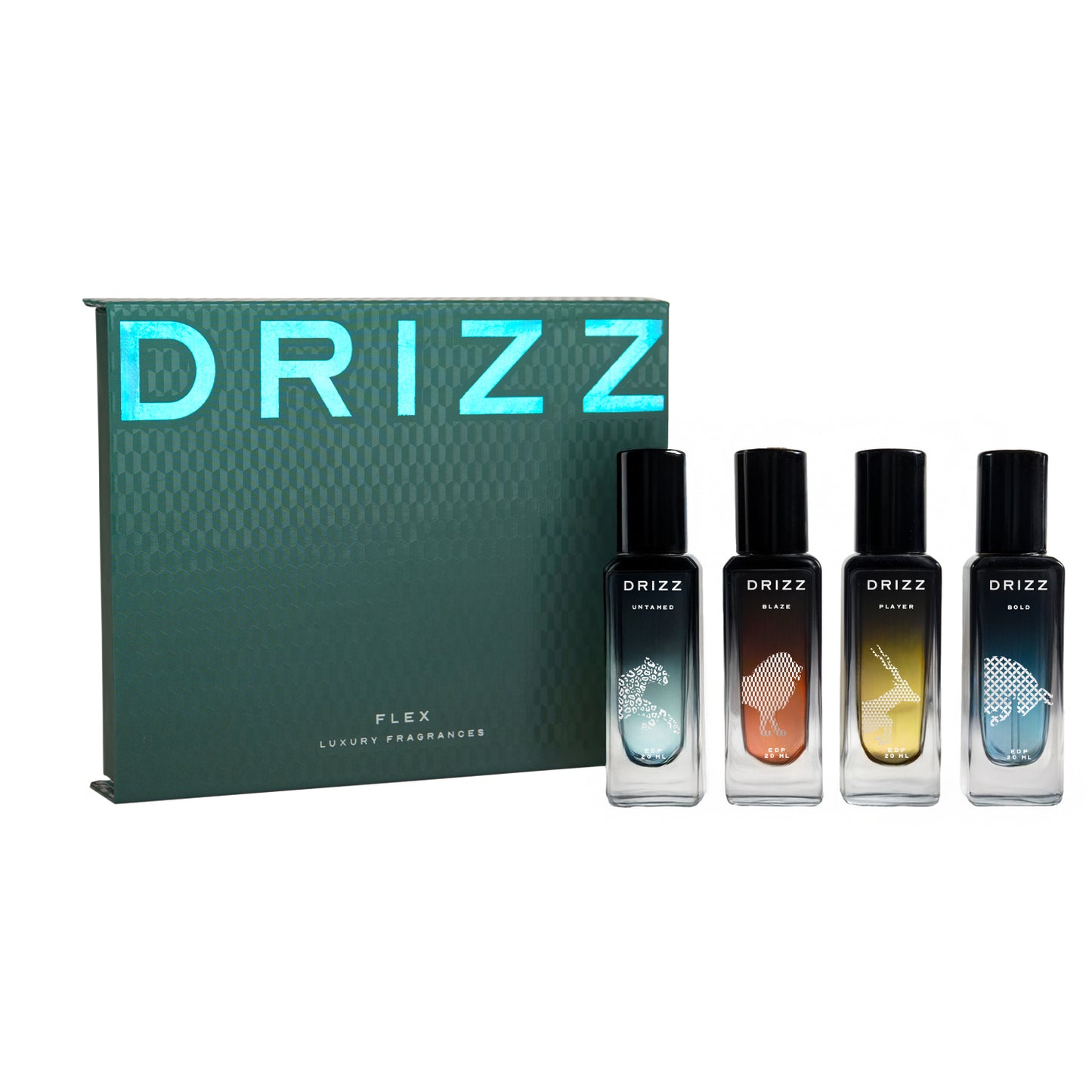 DRIZZ Flex Luxury Men Eau De Parfum Gift Set 4x20ml for Men with Untamed, Blaze, Bold, Player Perfumes