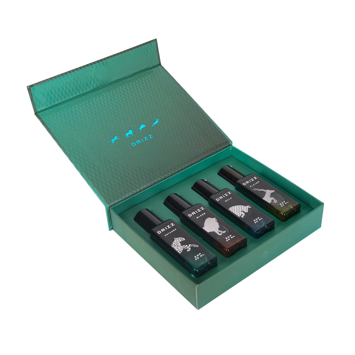DRIZZ Flex Luxury Men Eau De Parfum Gift Set 4x20ml for Men with Untamed, Blaze, Bold, Player Perfumes