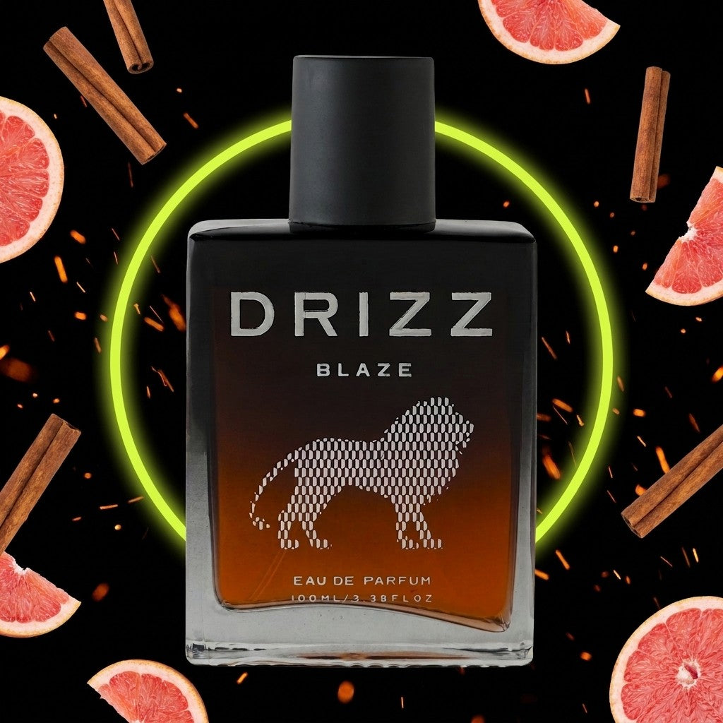 DRIZZ Blaze 100ml Eau de Parfum — Gen Z scene on black with lime neon