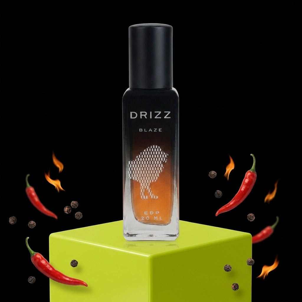 DRIZZ Blaze 20ml Eau de Parfum — Gen Z scene on black with lime neon