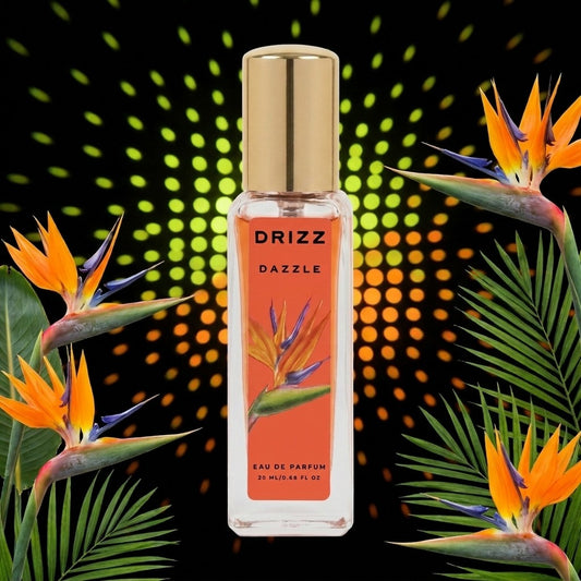 DRIZZ Dazzle 20ml Eau de Parfum — Gen Z scene on black with lime neon