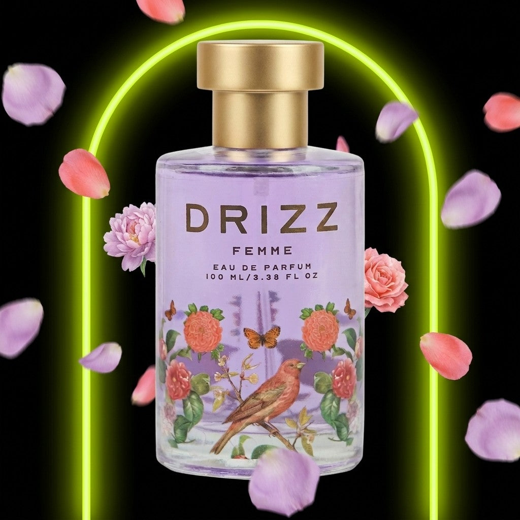 DRIZZ Femme 100ml Eau de Parfum — Gen Z scene on black with lime neon