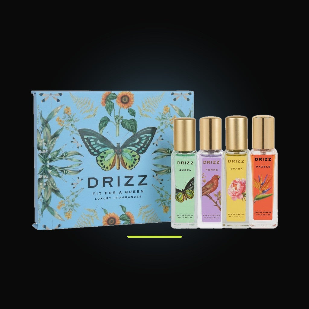 DRIZZ Fit for a Queen Gift Set — 4 × 20ml studio shot on black