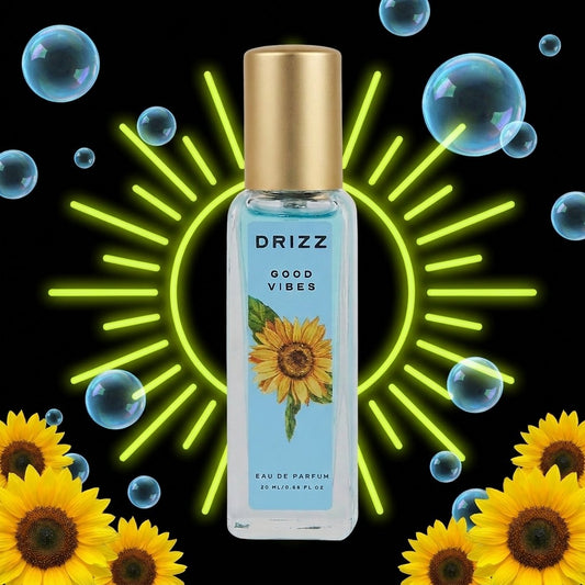 DRIZZ Good Vibes 20ml Eau de Parfum — Gen Z scene on black with lime neon