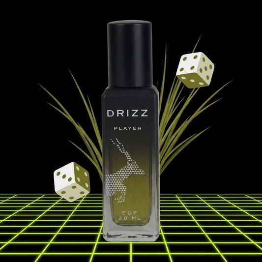 DRIZZ Player 20ml Eau de Parfum — Gen Z scene on black with lime neon