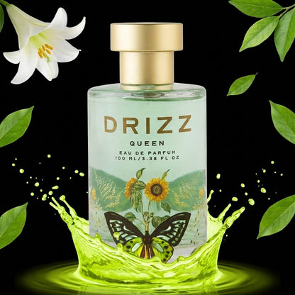 DRIZZ Queen 100ml Eau de Parfum — Gen Z scene on black with lime neon