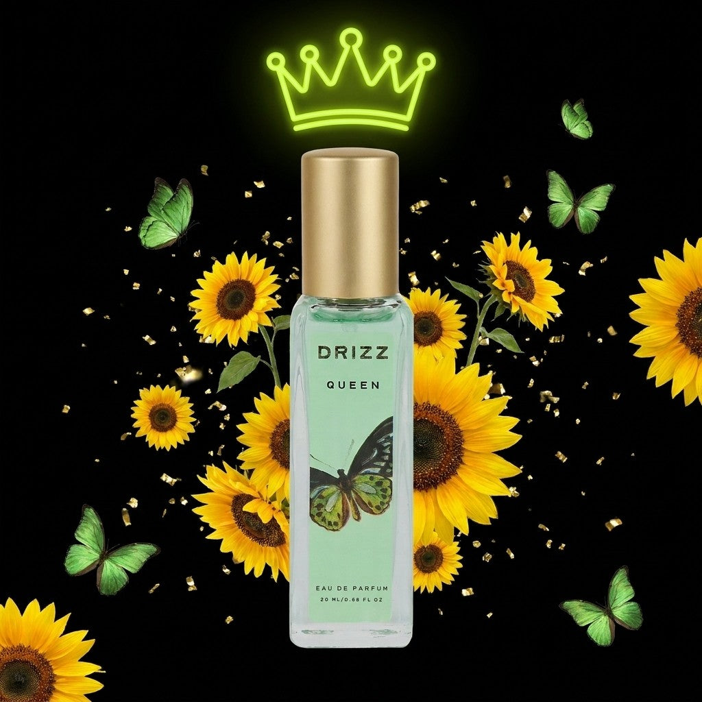 DRIZZ Queen 20ml Eau de Parfum — Gen Z scene on black with lime neon