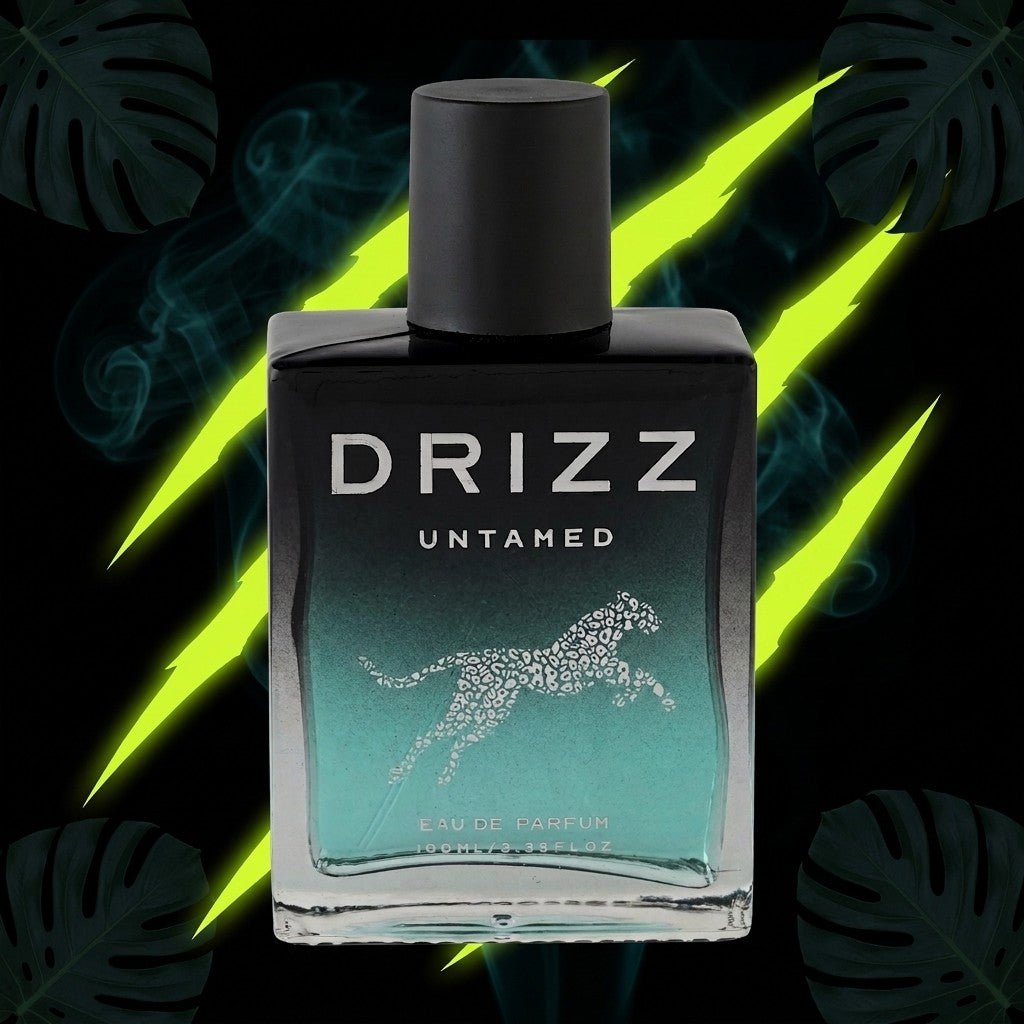DRIZZ Untamed 100ml Eau de Parfum — Gen Z scene on black with lime neon